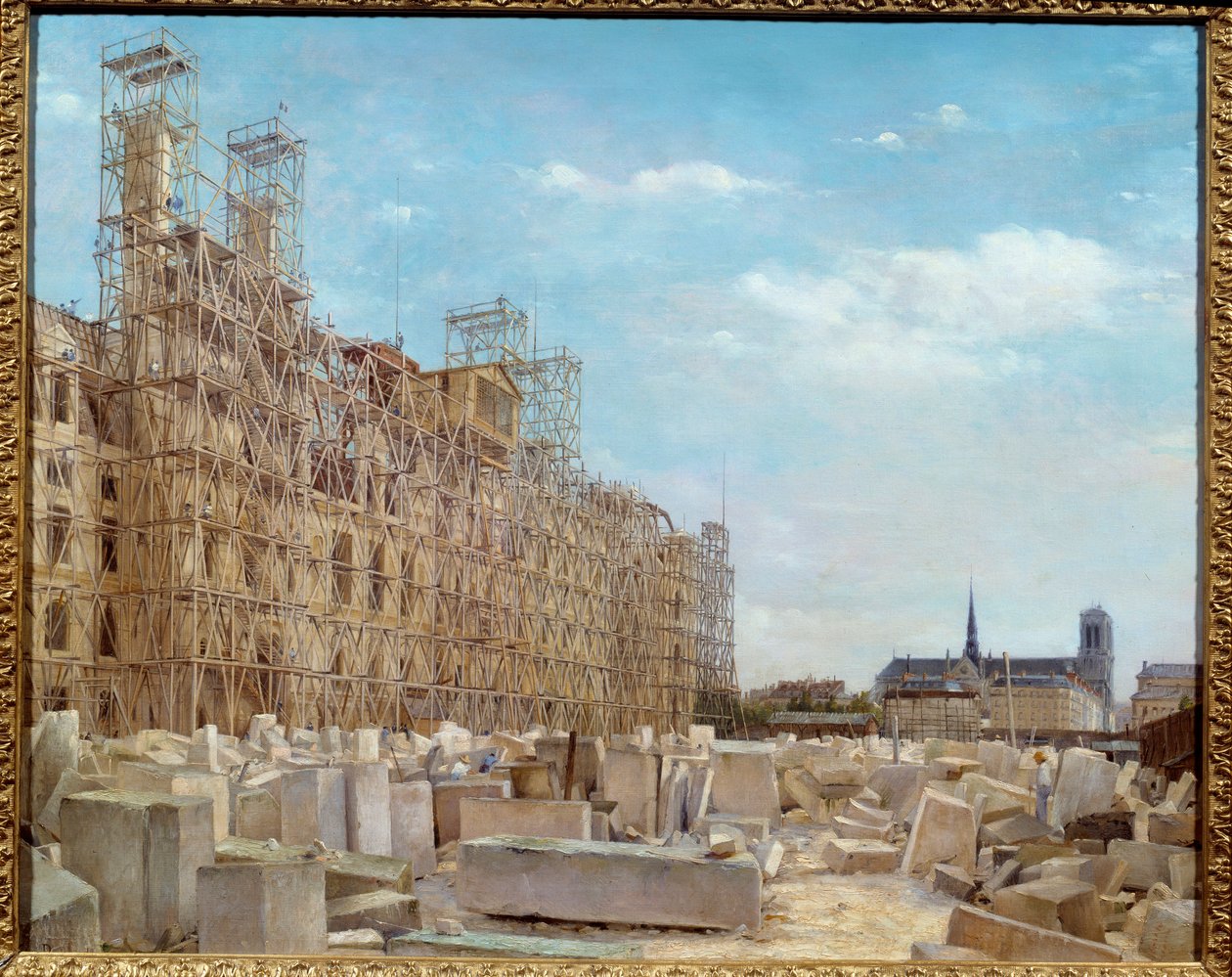 Stadshuset i Paris under återuppbyggnad Byggnaden, brand 1871 av kommunarderna, håller på att byggas om och täcks med byggnadsställningar och stenblock. Målning av Victor Dargaud (ca. 1850-a. 1913) 1880 Sön. 0,65 x 0,81 m Paris, musee Carnavalet - Stadshus av Paul Joseph Victor Dargaud