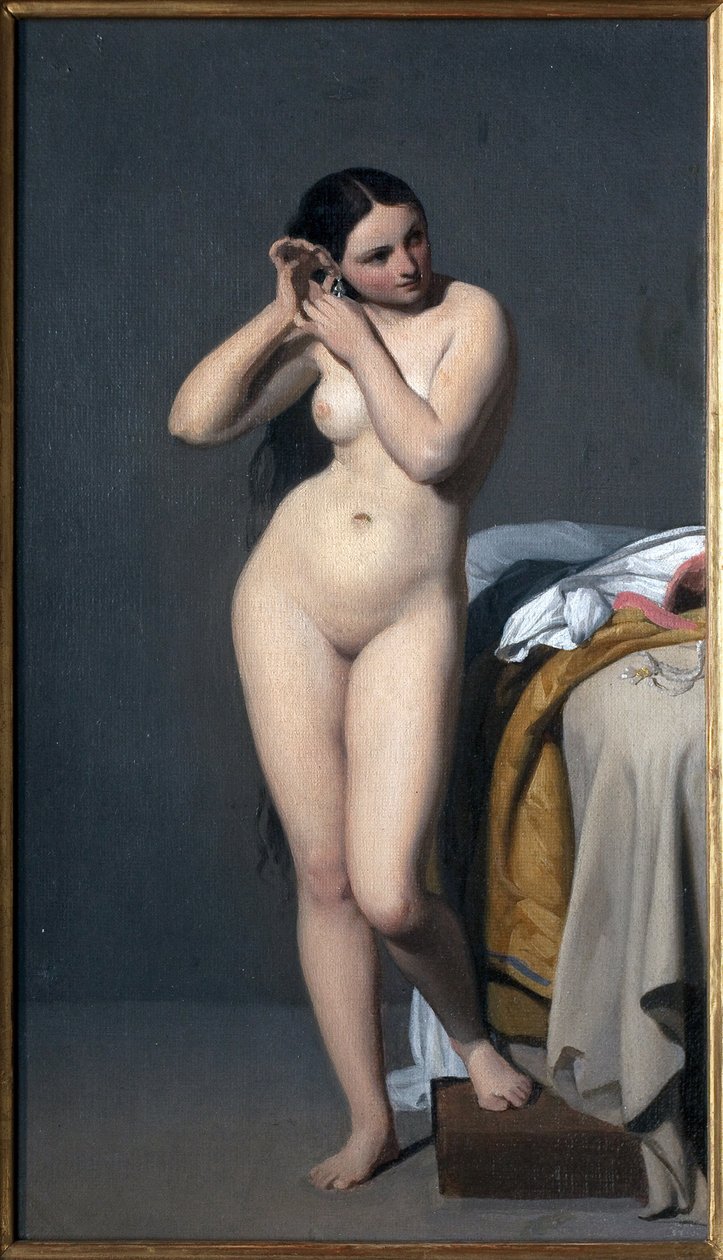 Naked har konsolen. Målning av Paul Jourdy (1805-1856), olja på duk. Fransk konst av Paul Jourdy
