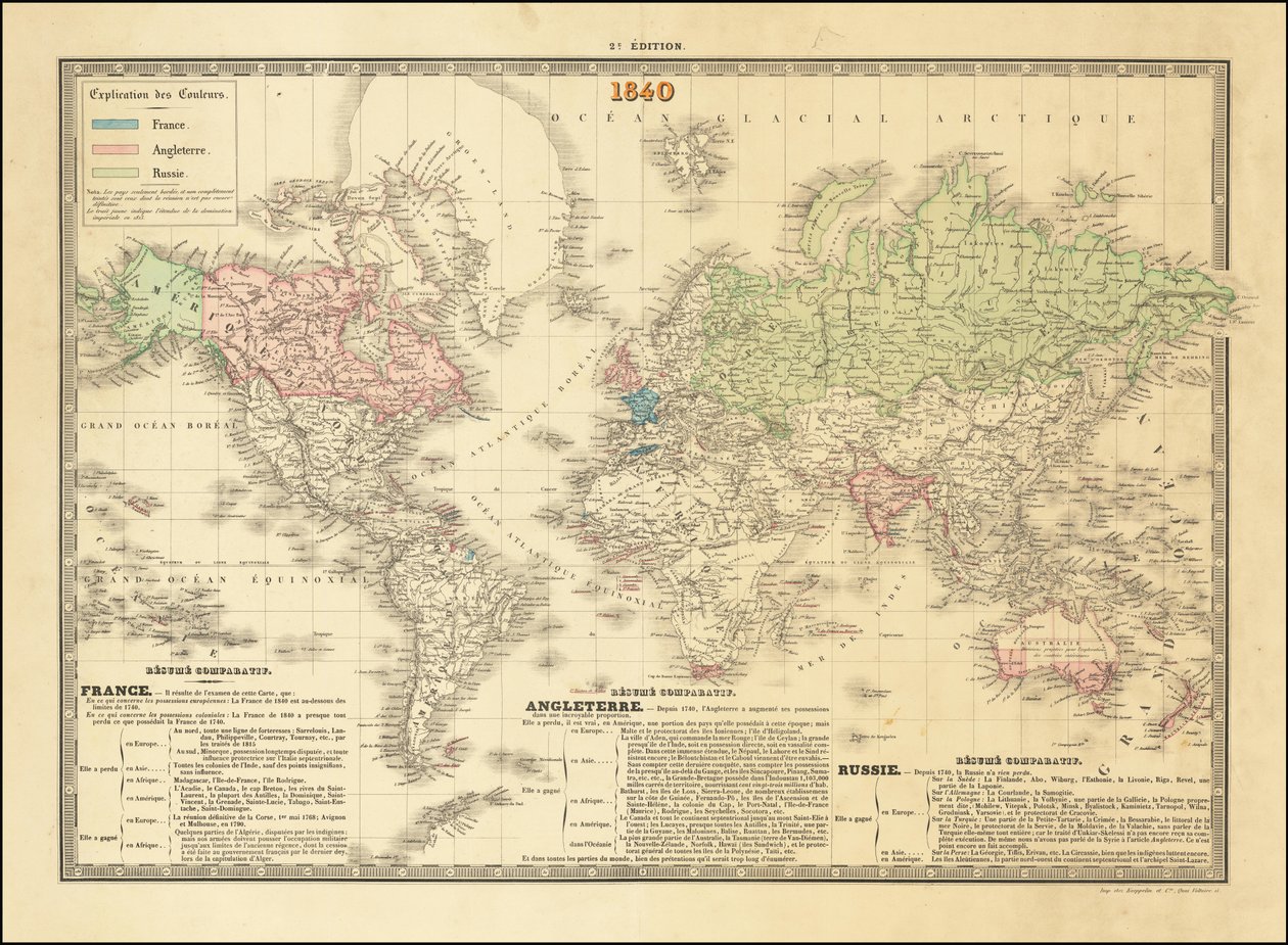 1840 års franska världskarta med de brittiska, franska och ryska imperiernas territorier av Paul Kaeppelin