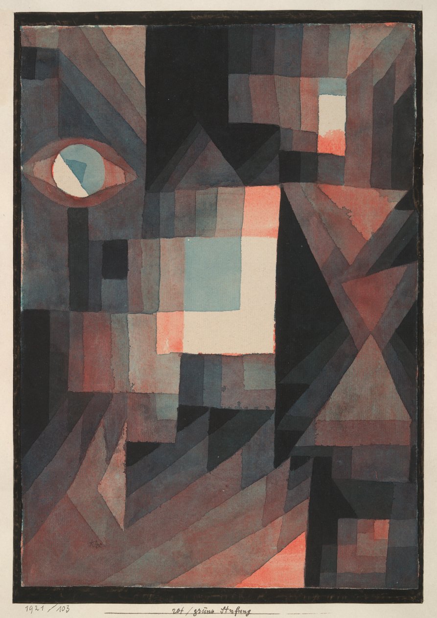 Sammanfattning. Röd/grön gradering [med någon cinnibar i vertikalt format] av Paul Klee