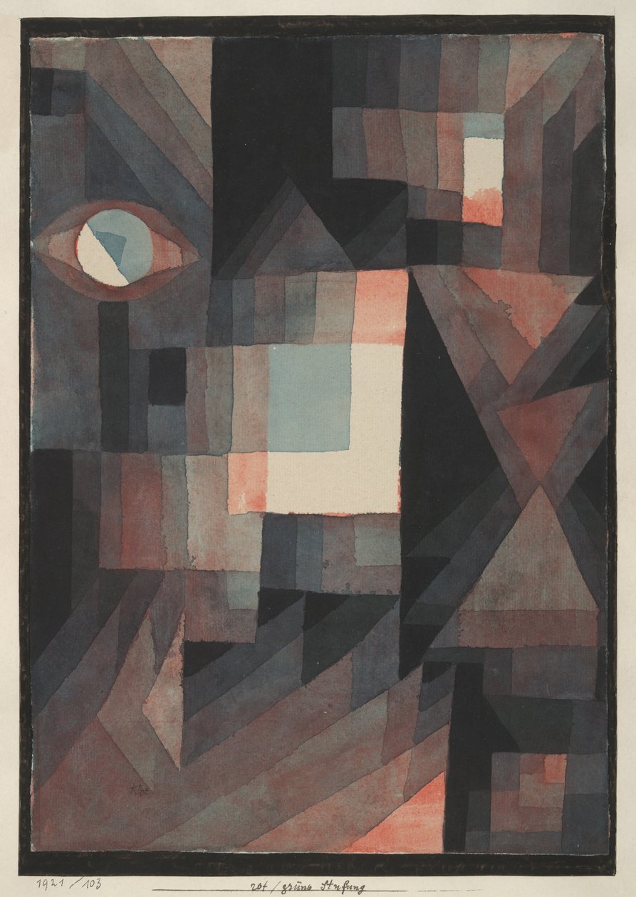 Abstrakt. Röd/grön nyans med lite cinnibar i vertikalt format av Paul Klee