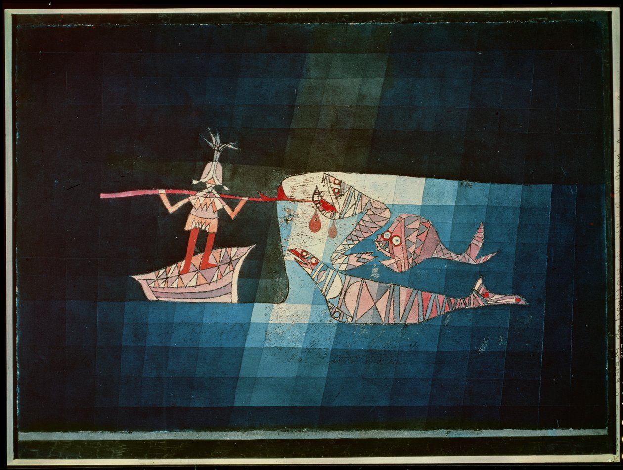 Stridsscen från den komiska fantastiska operan "Sjöfararen" av Paul Klee