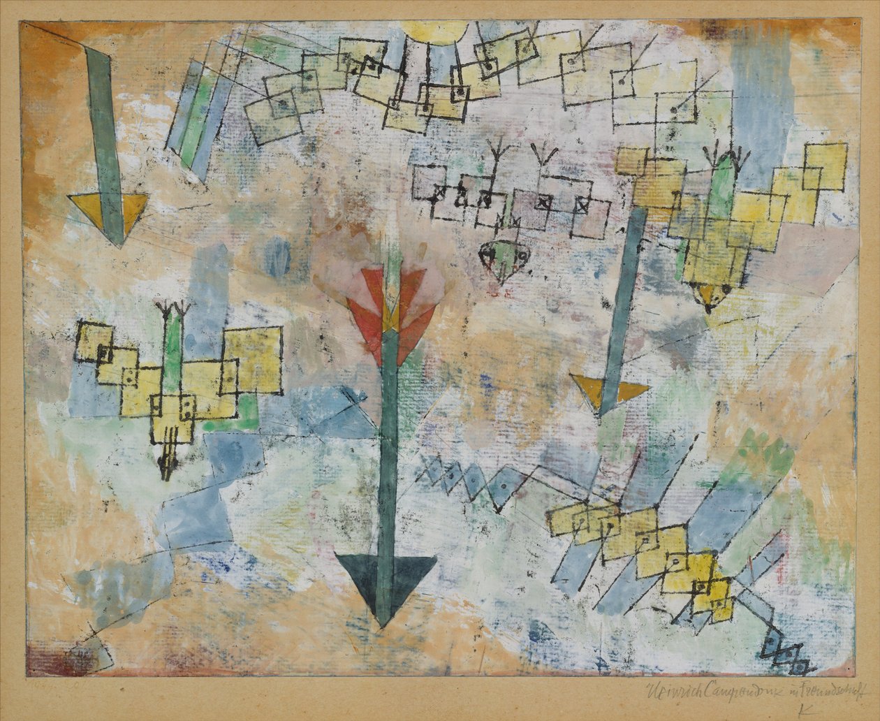 Fåglar som sveper ner och pilar av Paul Klee