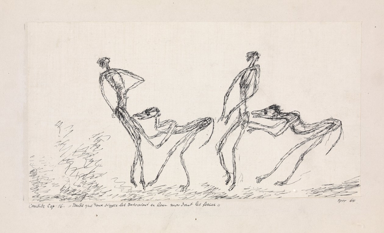 Candide, kapitel 16. Medan två apor följde efter dem och bet i sina rumpor, 1911. av Paul Klee