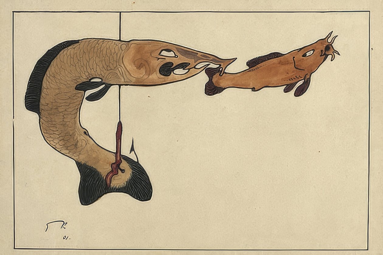 Utan titel (två fiskar, en på krok). 1901 av Paul Klee