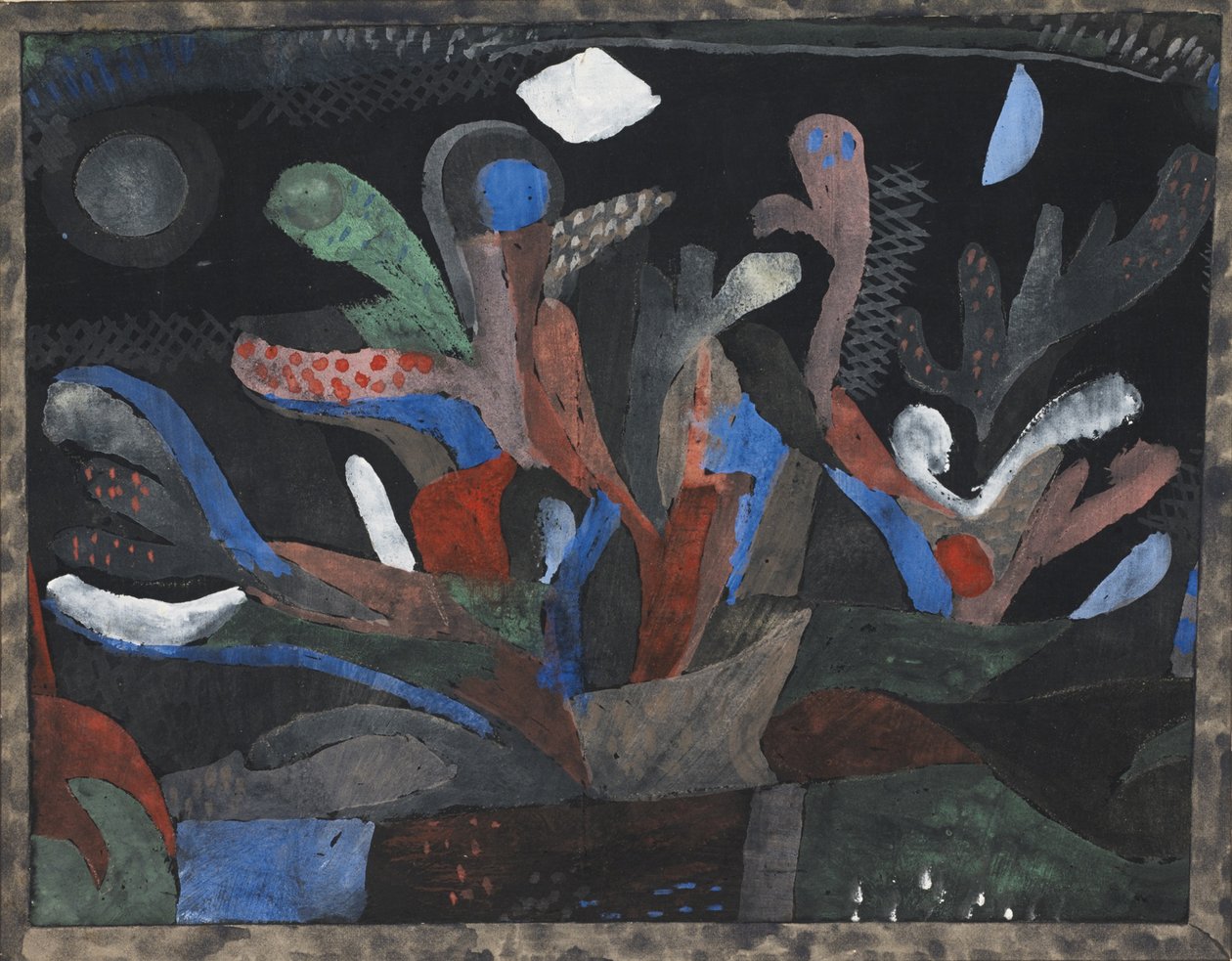 Bild på en trädgård i mörka färger Dunkelbuntes Gartenbild, 1923 av Paul Klee
