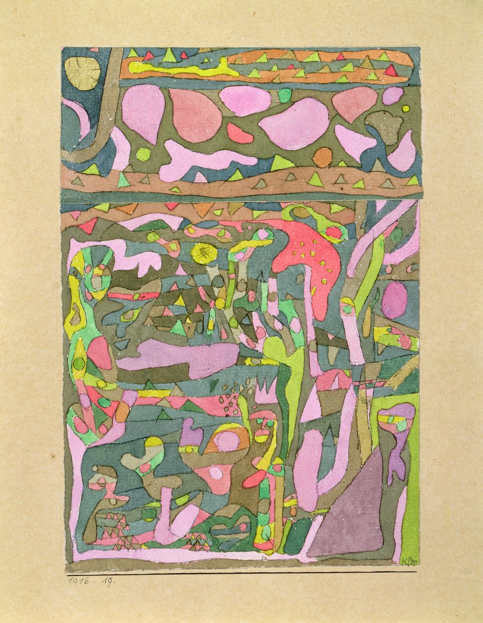 Solen upptäcker att färgernas värld redan existerar, komplicerad komposition av Paul Klee