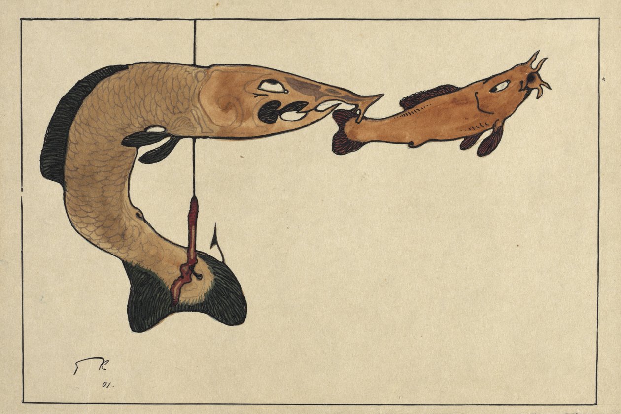 Utan titel Två fiskar, en på en krok, 1901 av Paul Klee