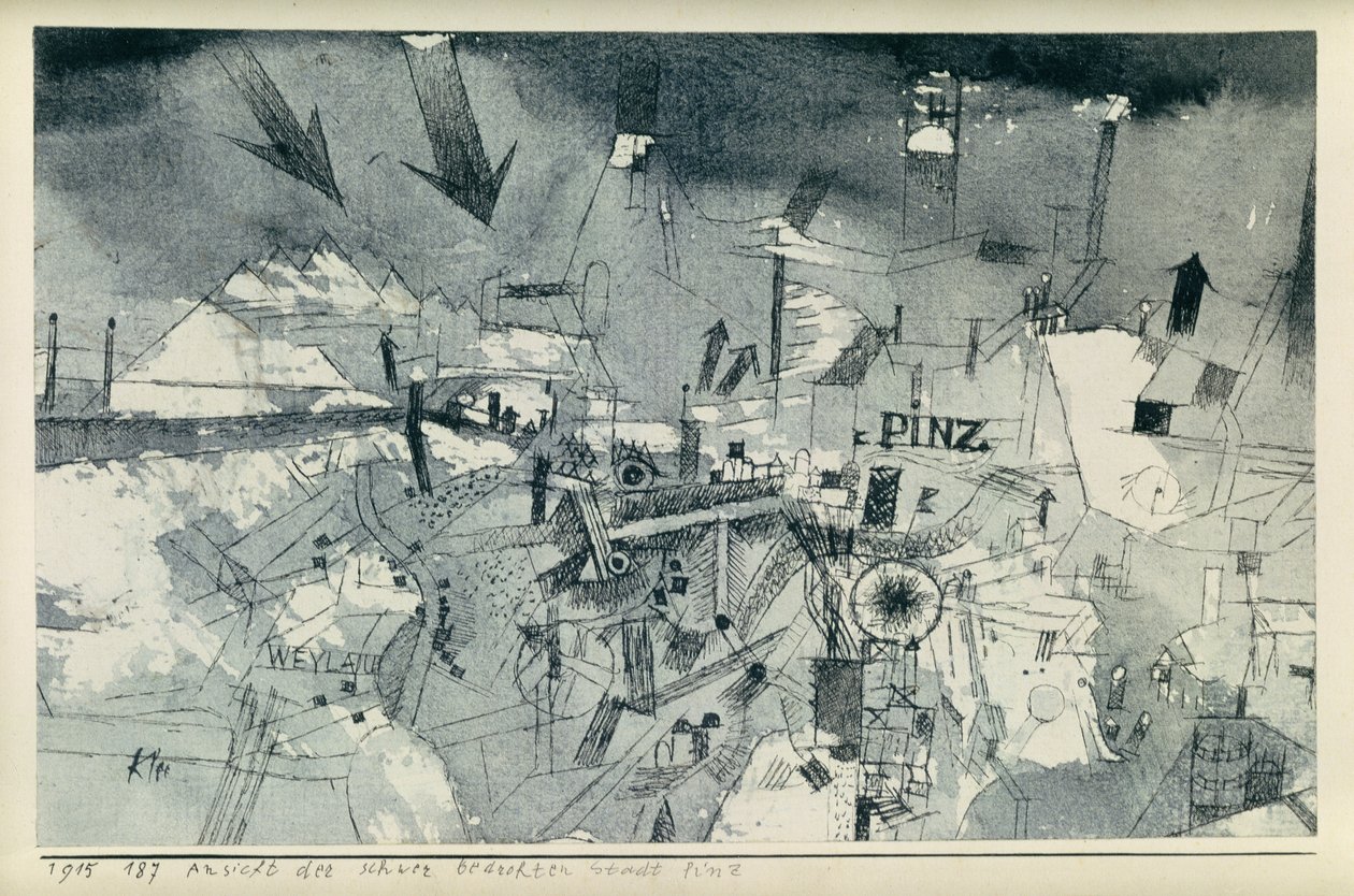 Utsikt över den allvarligt hotade staden Pintz av Paul Klee