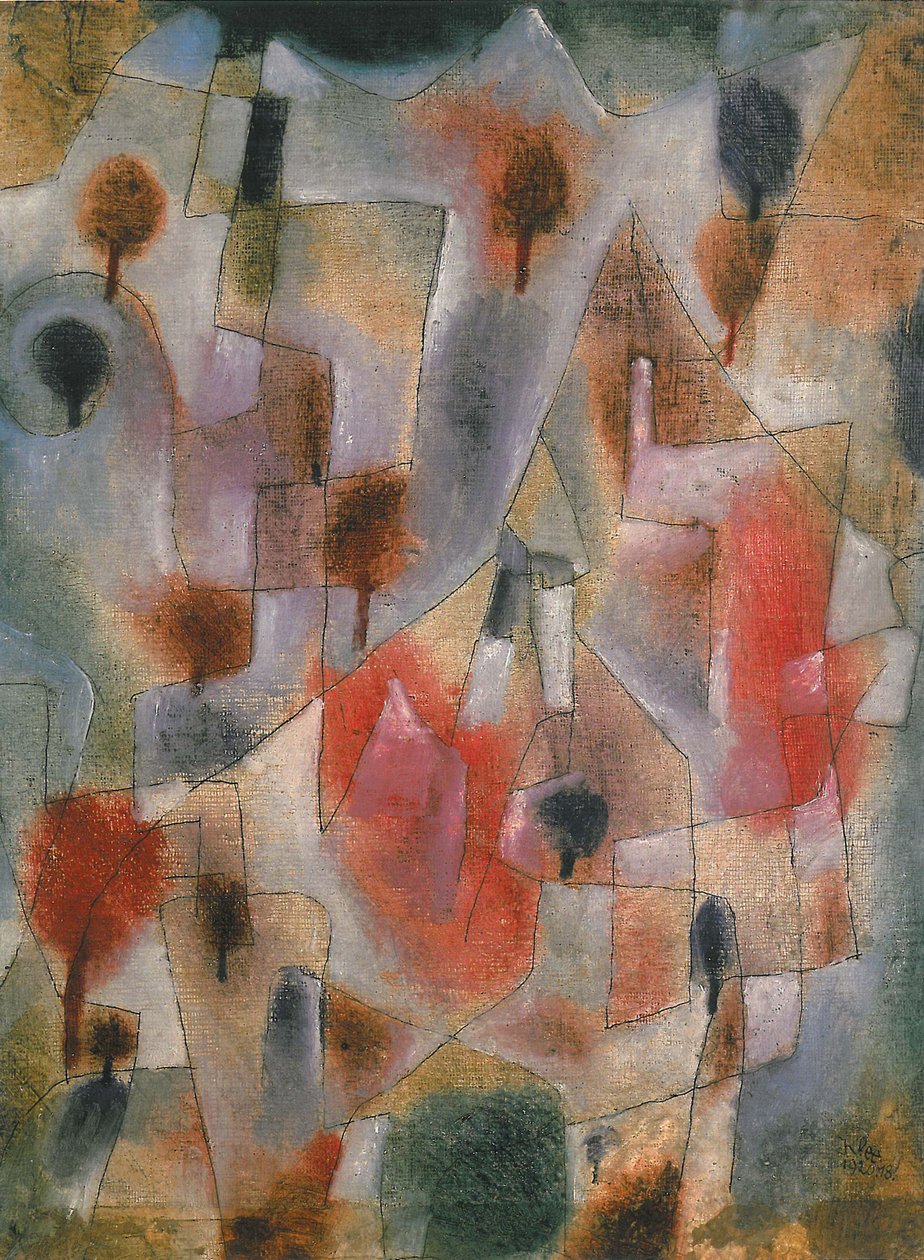 landskap med blå och röda träd, 1920. av Paul Klee