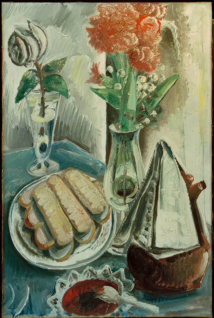 Stilleben med kaffekanna, blommor och bakverk av Paul Kleinschmidt