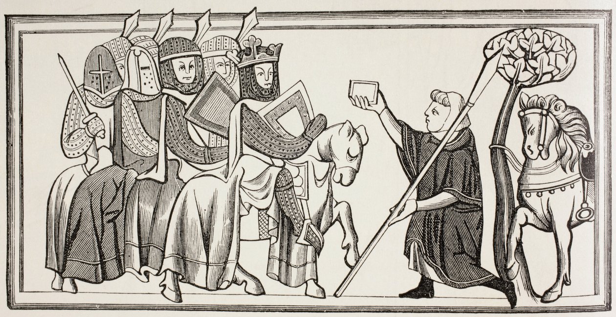 En budbärare anländer med ett meddelande till en kung som är i spetsen för sin armé. Efter en illustration i en Ms från 1200-talet. av Paul Lacroix