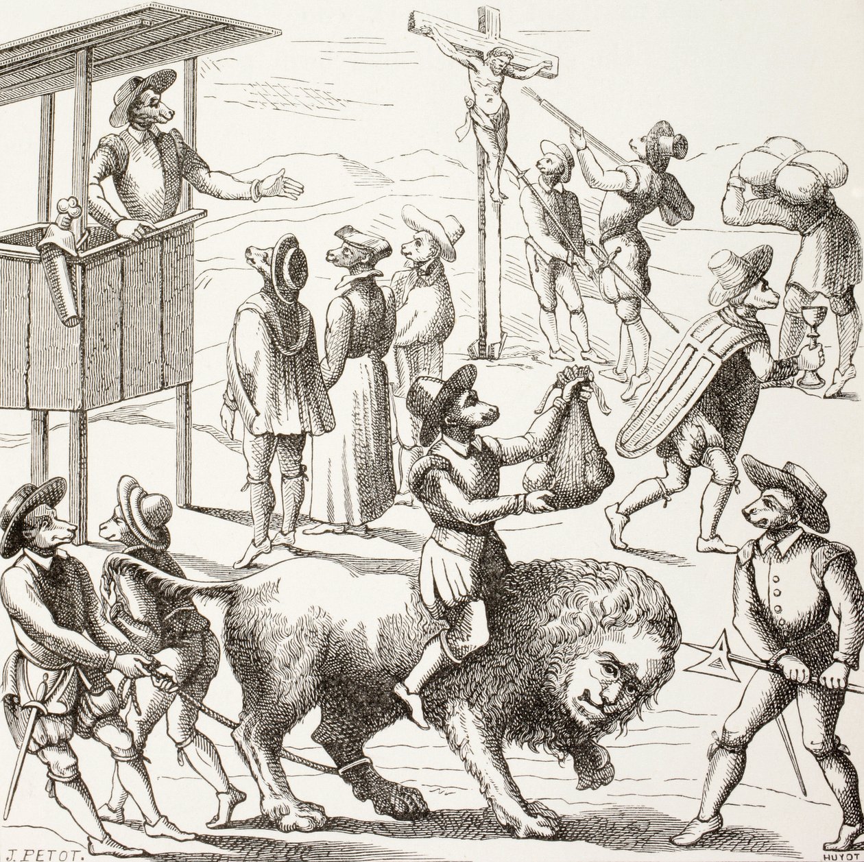 Allegorisk bild av överdrifter som hugenotterna sägs ha gjort sig skyldiga till. Det tama lejonet representerar ett Frankrike som reducerats av kättarna och deras metoder. av Paul Lacroix