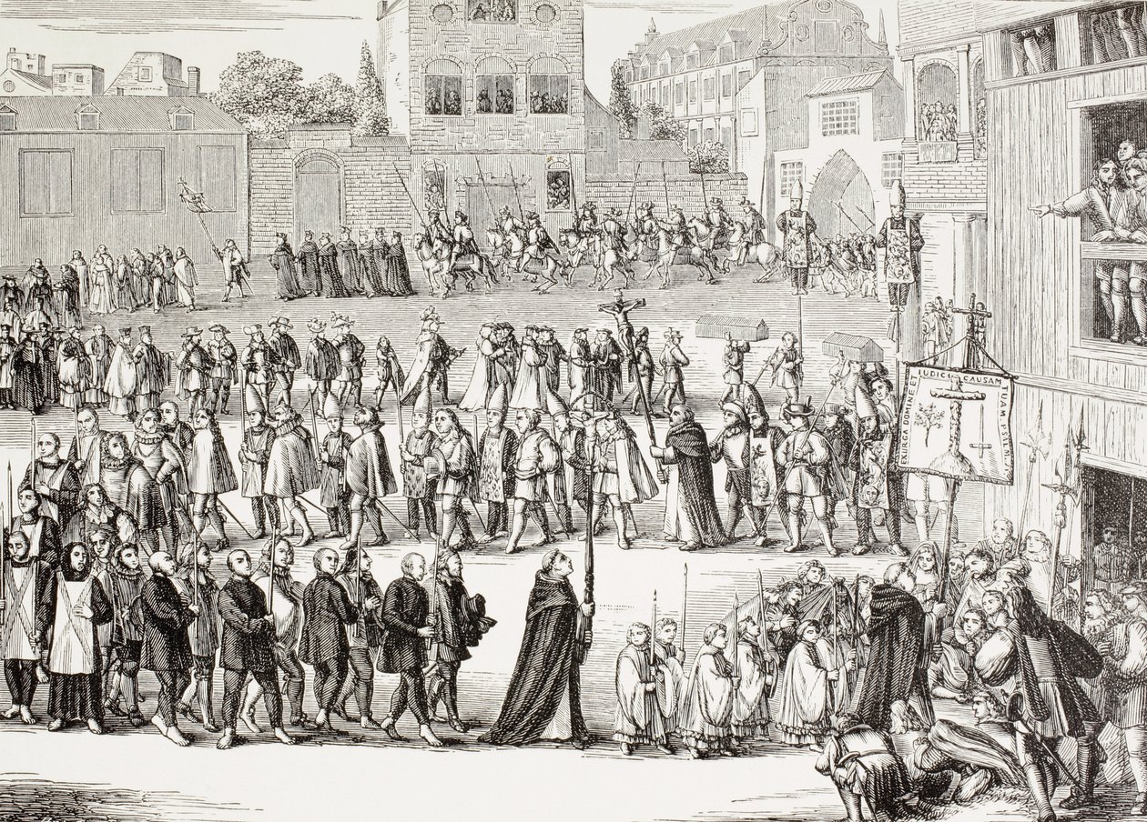 En Auto-Da-Fe, eller troshandling, procession i Spanien. Efter en gravyr från 1400-talet. av Paul Lacroix