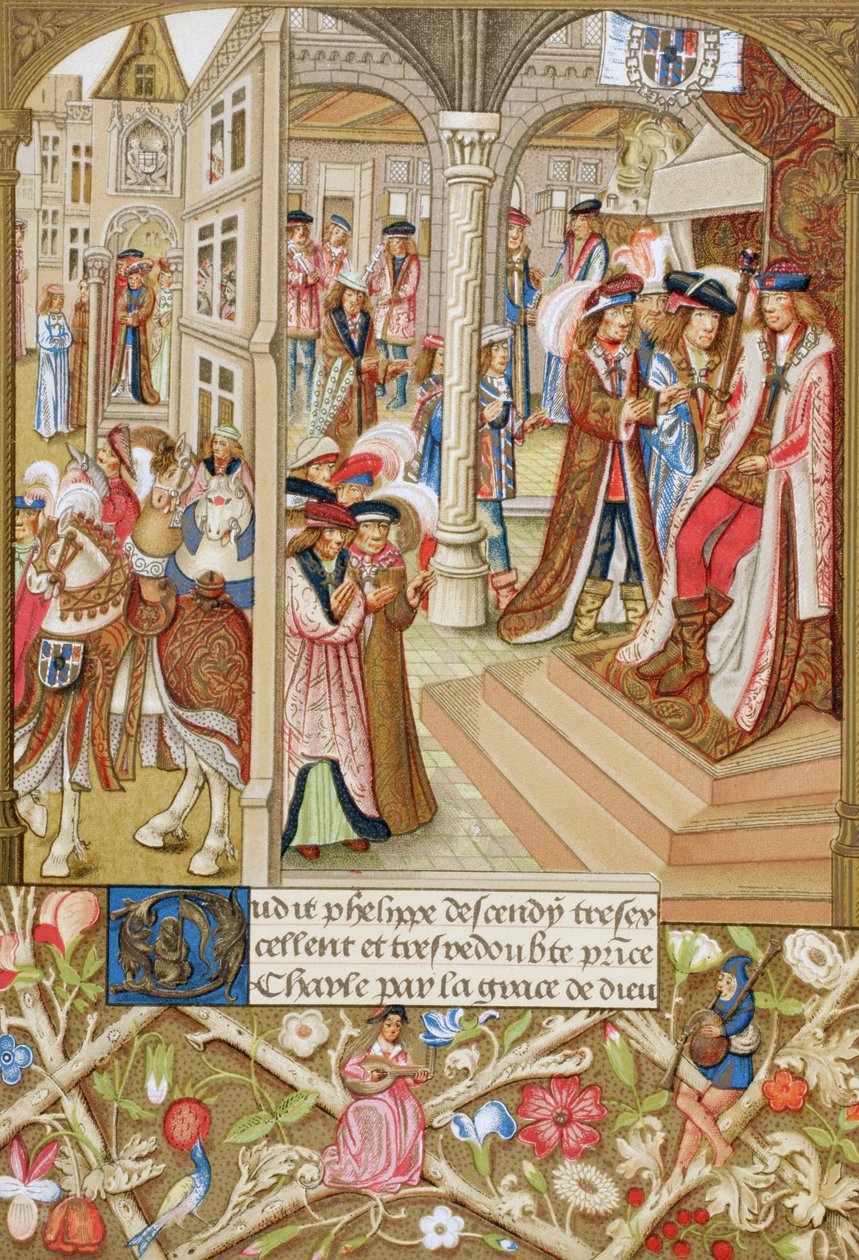 Karl den djärve, hertig av Burgund,1433-1477, sittande på sin tron och uppvaktad av sina baroner och rådgivare. Efter en 1400-talsmanuskript, Förkortad krönika om Burgund. av Paul Lacroix