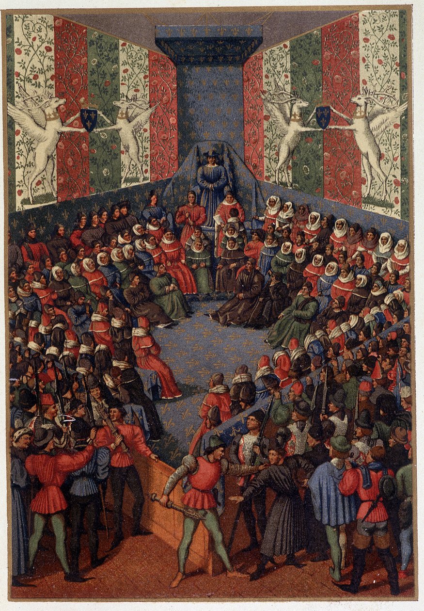 Karl VII presiderade över Johannes, hertig av Alencon (allierad med engelsmännen) i Vendome 1458 - efter Fouquets miniatyr, i "" Militärt och religiöst liv under medeltiden och renässansen" av Paul Lacroix, Paris av Paul Lacroix