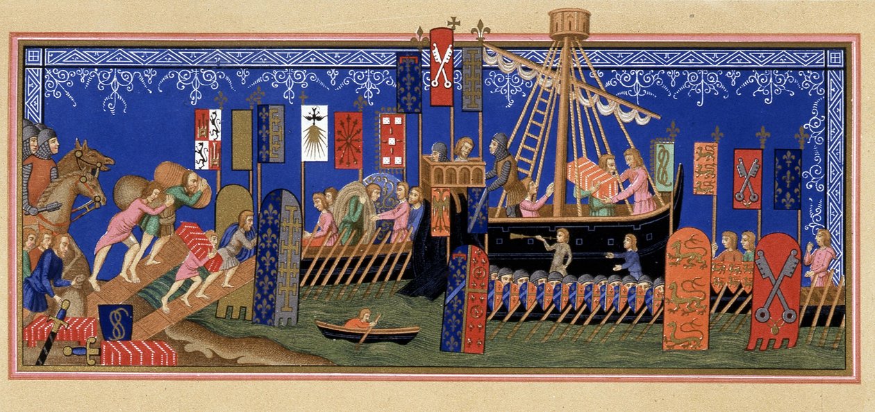 Embarkment of the Knights of the Holy Spirit for the Crusade - baserad på miniatyr av 1300-talet, i "" Militärt och religiöst liv under medeltiden och i renässansen" av Paul Lacroix, Paris av Paul Lacroix
