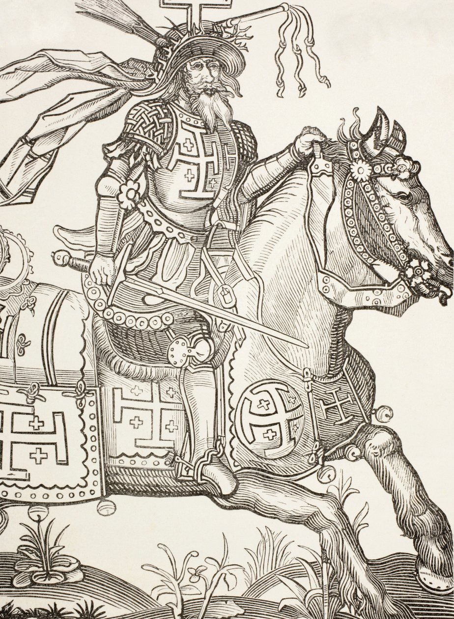 Godfrey av Bouillon, ca 1060 - 1100, medeltida frankisk riddare. En ledare för det första korståget. Här ses han krönt med instrumenten från Kristi lidande. Efter ett träsnitt från 1400-talet. av Paul Lacroix