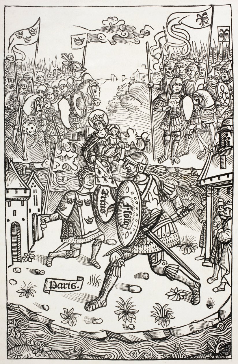 Kung Artus, eller Arthur, skyddad av jungfrun, i kamp mot en jätte. Efter ett träsnitt i Chroniques De Bretagne, av Alain Bouchard, utgiven 1514. av Paul Lacroix