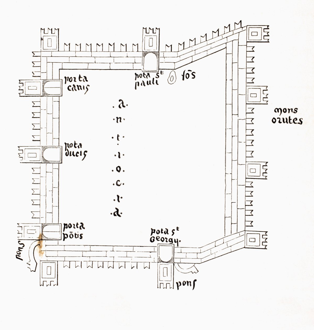 Plan av 13th Century Antioch som visar sina fem portar. Efter en manuskript från 1200-talet. av Paul Lacroix