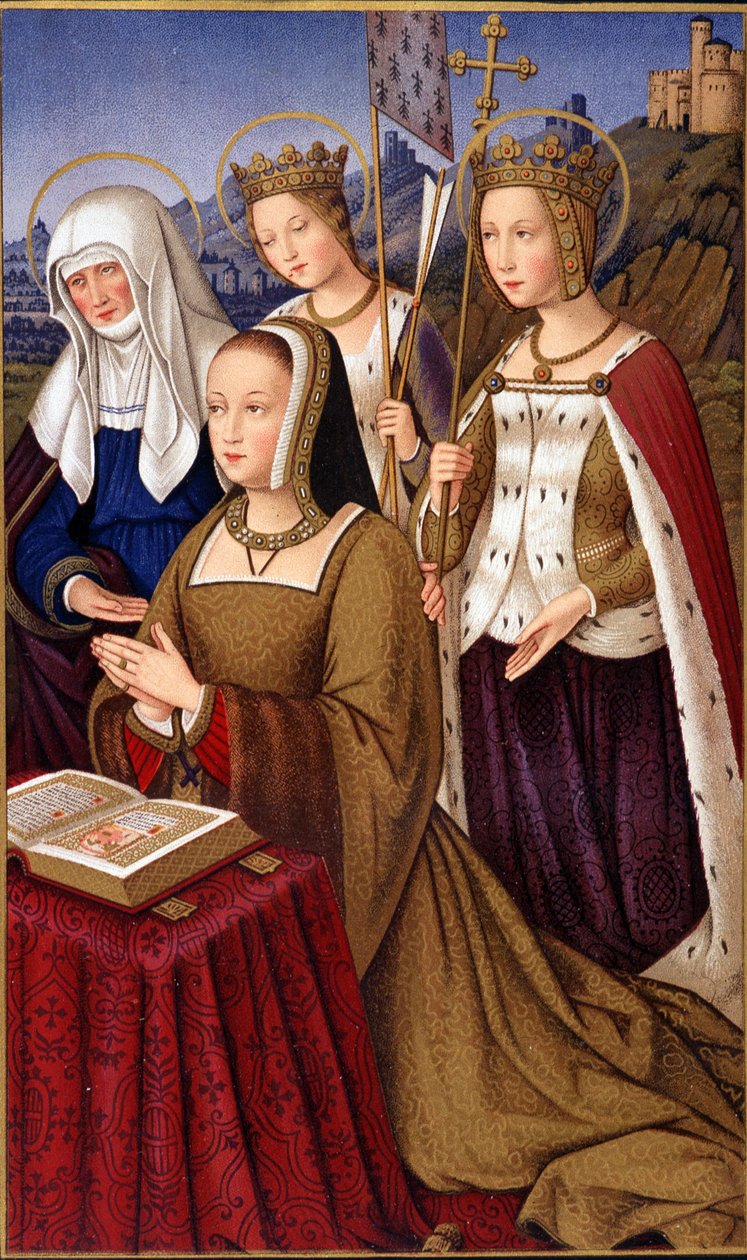Porträtt av Anne av Bretagne (1477-1514), Frankrikes drottning, i bön med sitt heliga skyddshelgon Saint Anne, Saint Helene och Saint Ursule - i "" Militärt och religiöst liv under medeltiden och renässansen"" av Paul Lacroix, Paris av Paul Lacroix