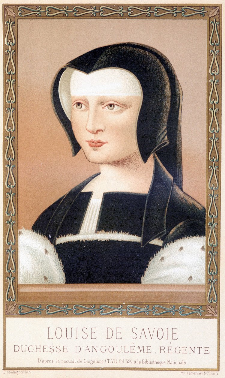Porträtt av Louise de Savoie (1476-1531), hertiginna av Angouleme och Regente av Frankrike. Kromolitografi från "Louis XII och Anne de Bretagne" av Paul Lacroix, ed. Georges Hurtrel av Paul Lacroix