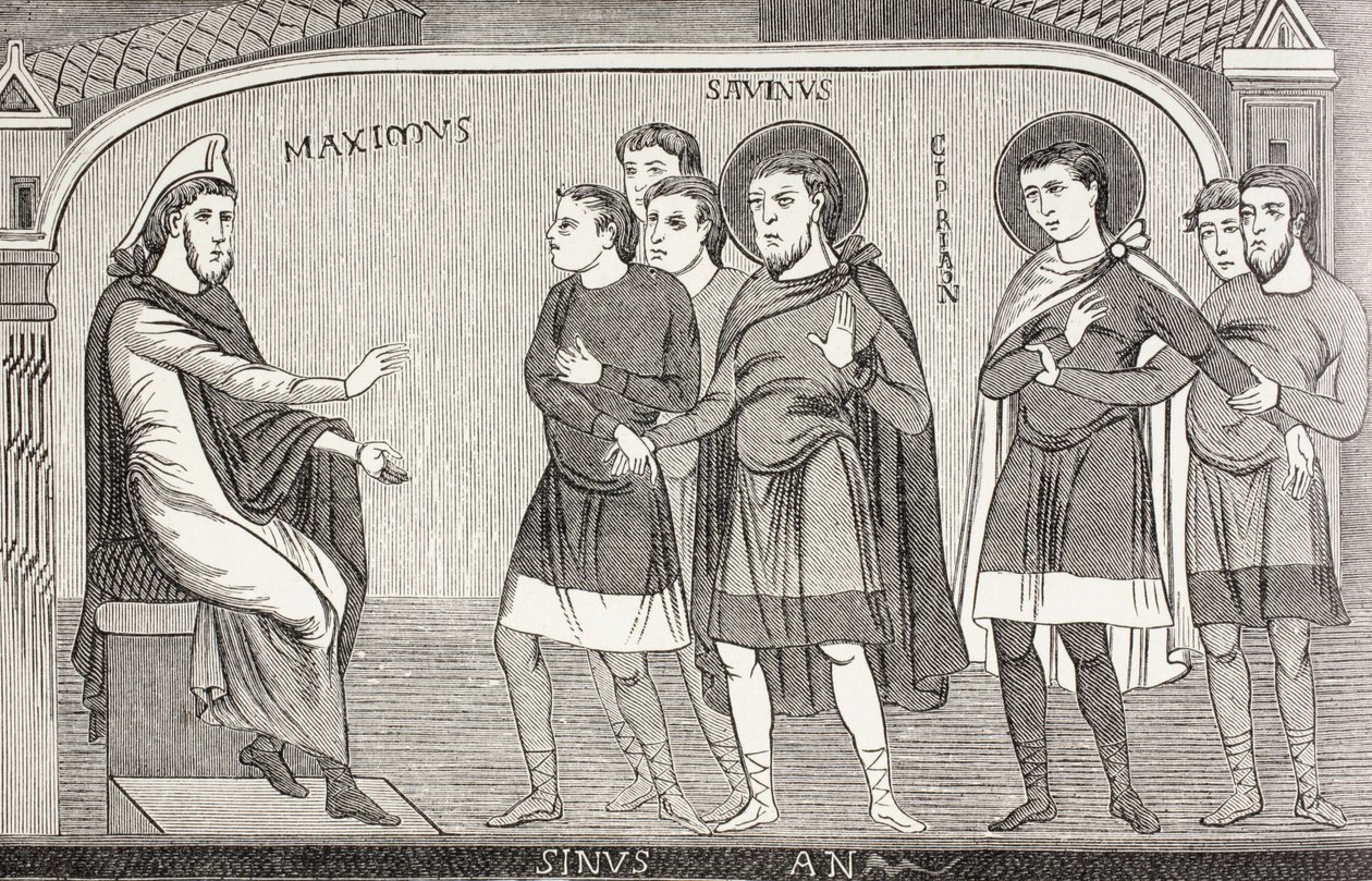 Helgonen Savin och Cyprianus bekänner för prokonsul Galerius Maximus att de är kristna. Efter en fresk från 1000-talet i kyrkan St Savin, Vienne, Frankrike. av Paul Lacroix