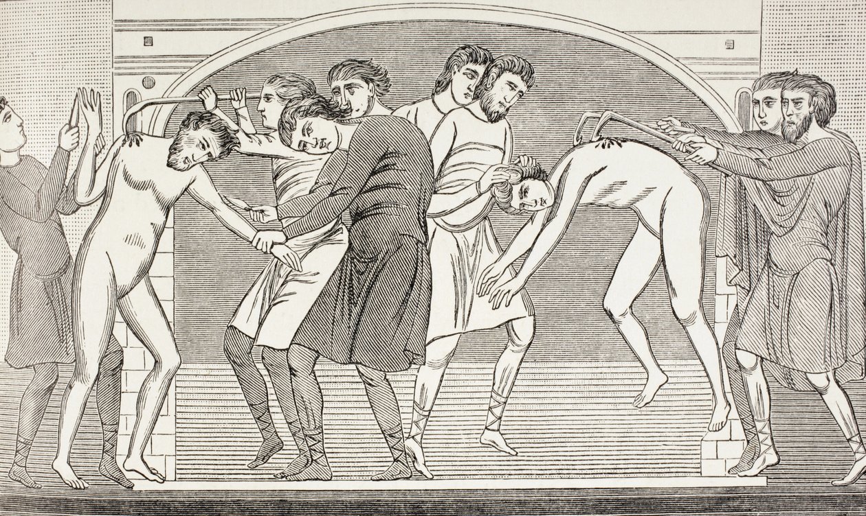 Heliga Savin och Cyprianus när deras kött slits från kroppen av järnkrokar. Efter en fresk från 1000-talet i kyrkan St Savin, Vienne, Frankrike. av Paul Lacroix