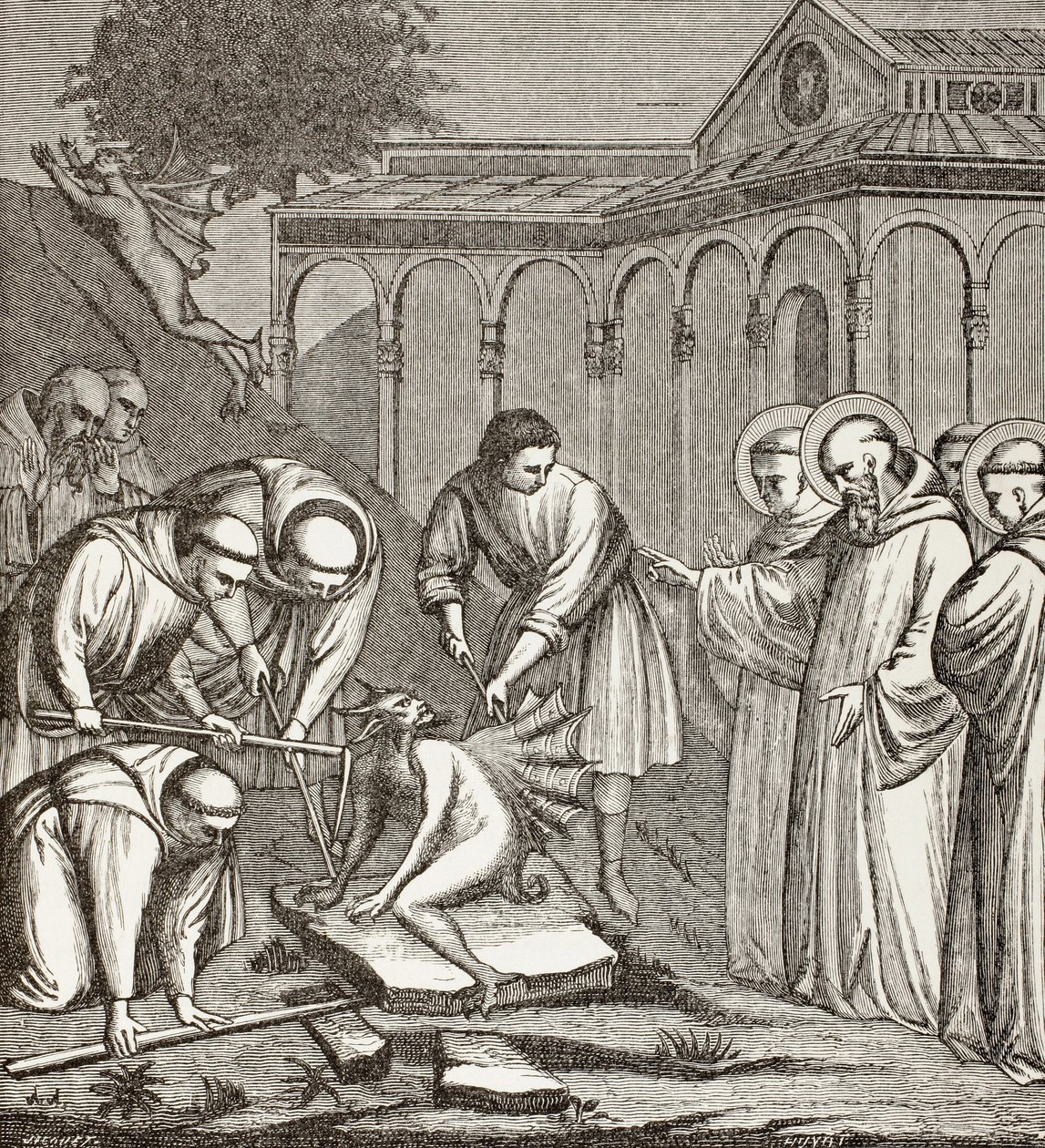 St. Benedict och djävulen. När Benedictus byggde ett kapell satt djävulen på en sten och ingen kunde flytta honom förrän St Benedictus välsignade stenen. Då tog djävulen till flykten. av Paul Lacroix