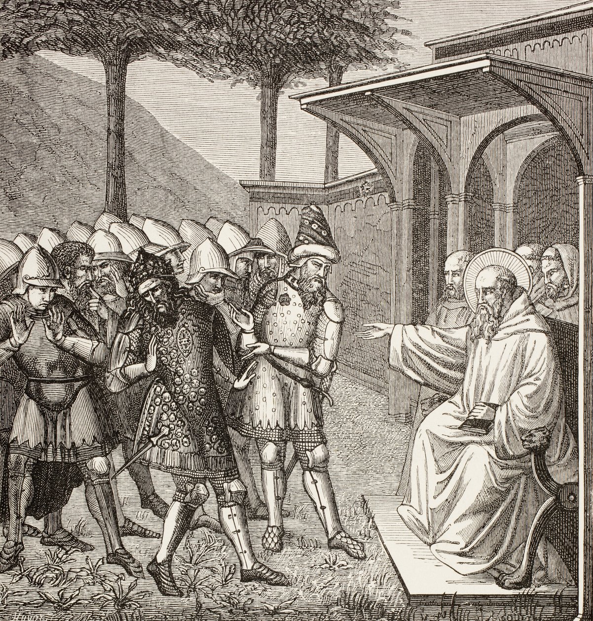 Benedictus av Nursia anklagar Baduila Aka Totila, ostrogoternas kung, för att ha lurat honom och förutspår hans död. av Paul Lacroix