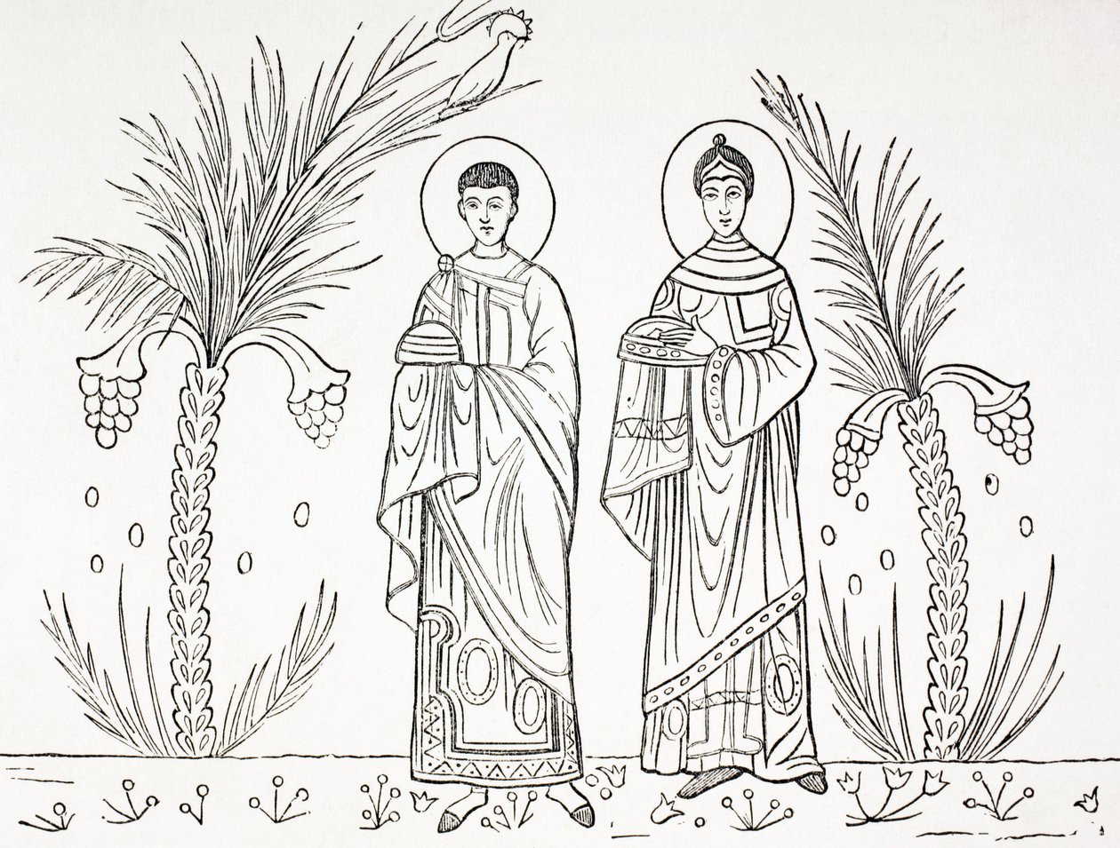 Sankta Cecilia och hennes make Valerianus. Efter en mosaik från 300- eller 400-talet som finns bevarad i S:ta Ceciliakyrkan i Rom. av Paul Lacroix