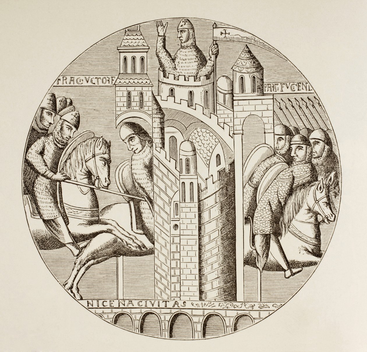 Korsfararnas intagande av Nicaea, Turkiet, år 1097. Efter ett fönster i kyrkan i det nu förstörda klostret St Denis. av Paul Lacroix