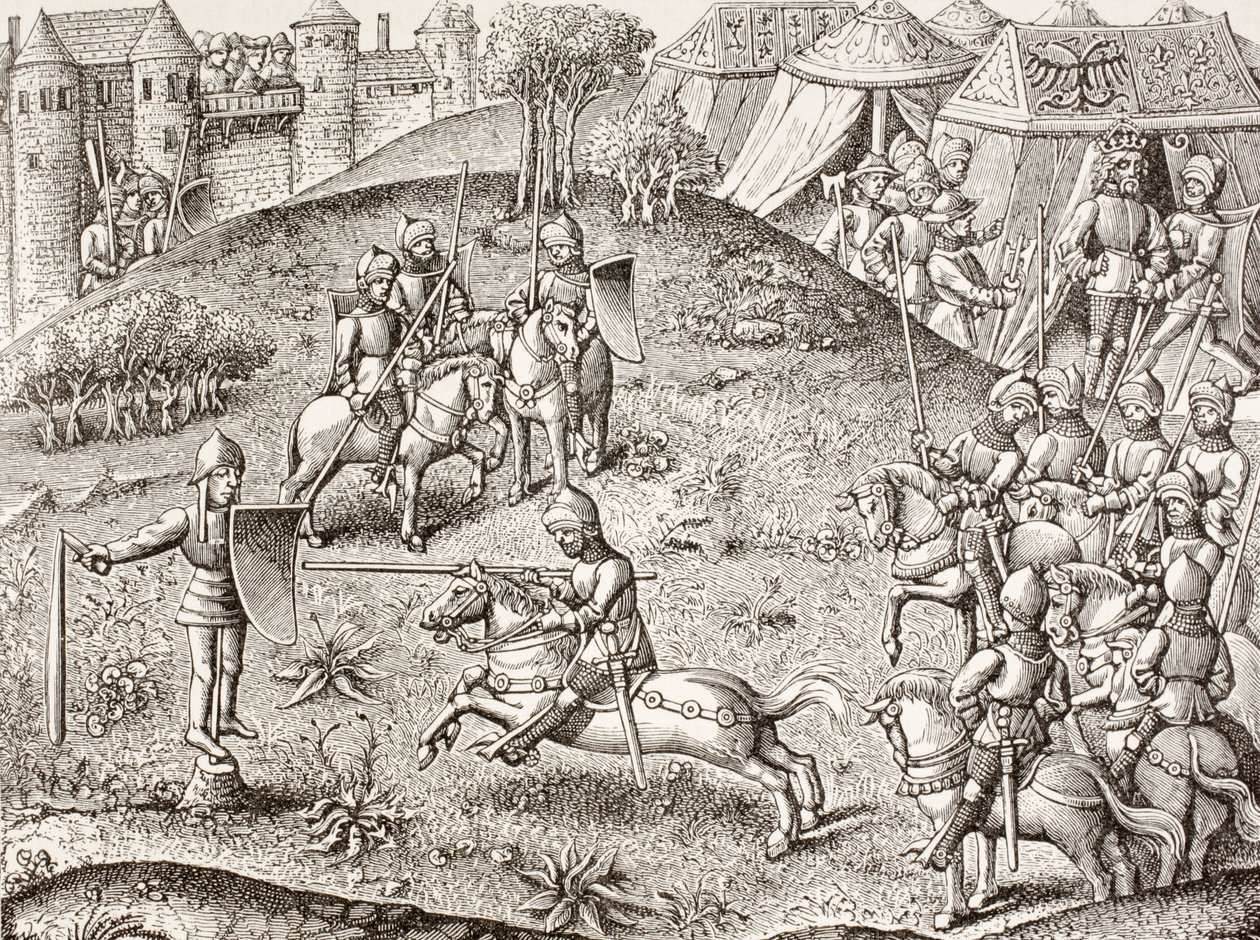 Tilting At A Quintain, en riddares roterande statyett. Efter en miniatyr i Chroniques De Charlemagne från 1400-talet. av Paul Lacroix