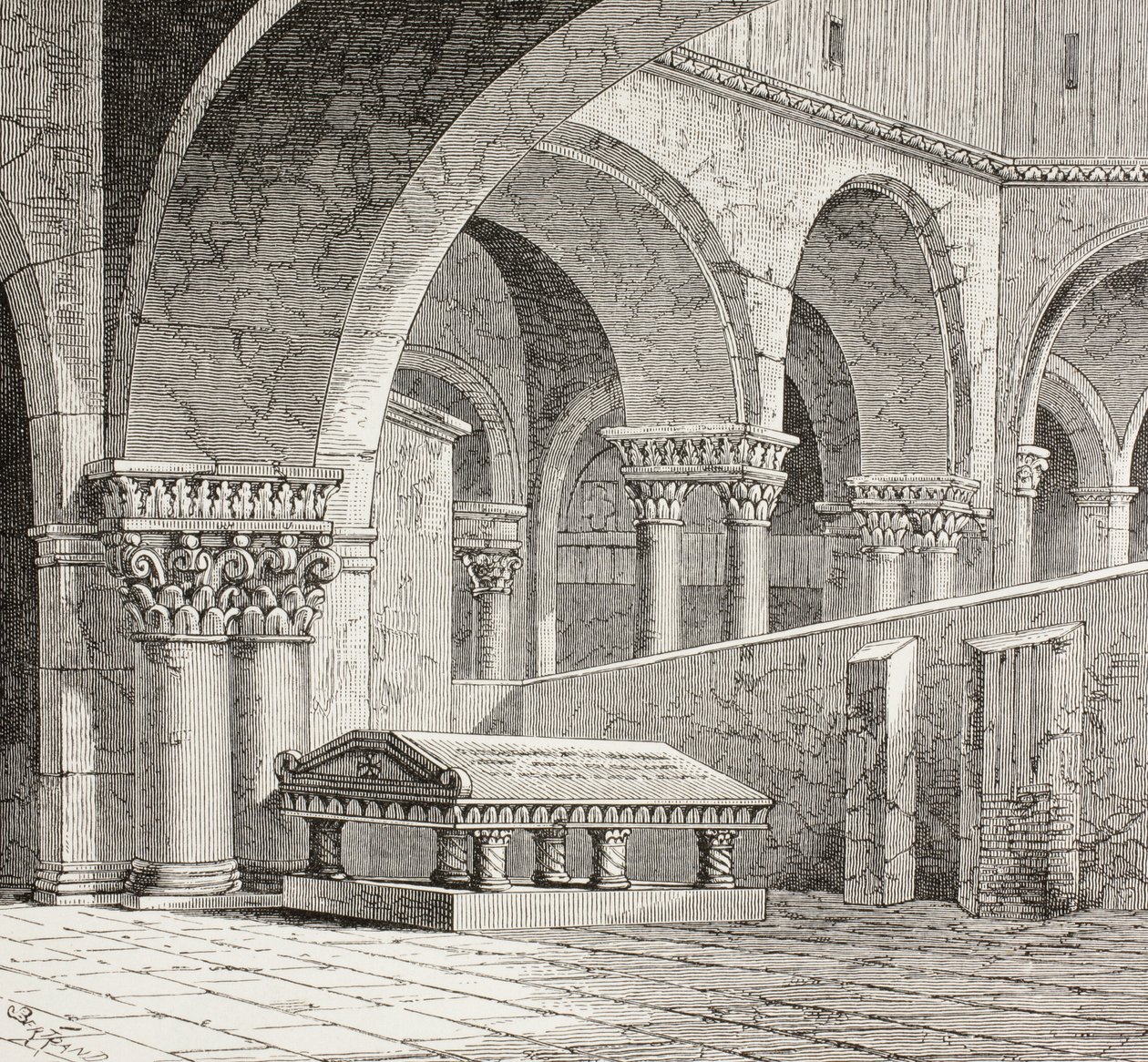 Godfrey De Boullons grav, ca 1060 - 1100, som den såg ut i Heliga gravens kyrka i Jerusalem. Graven är nu förstörd. Efter en teckning gjord på platsen 1828. av Paul Lacroix
