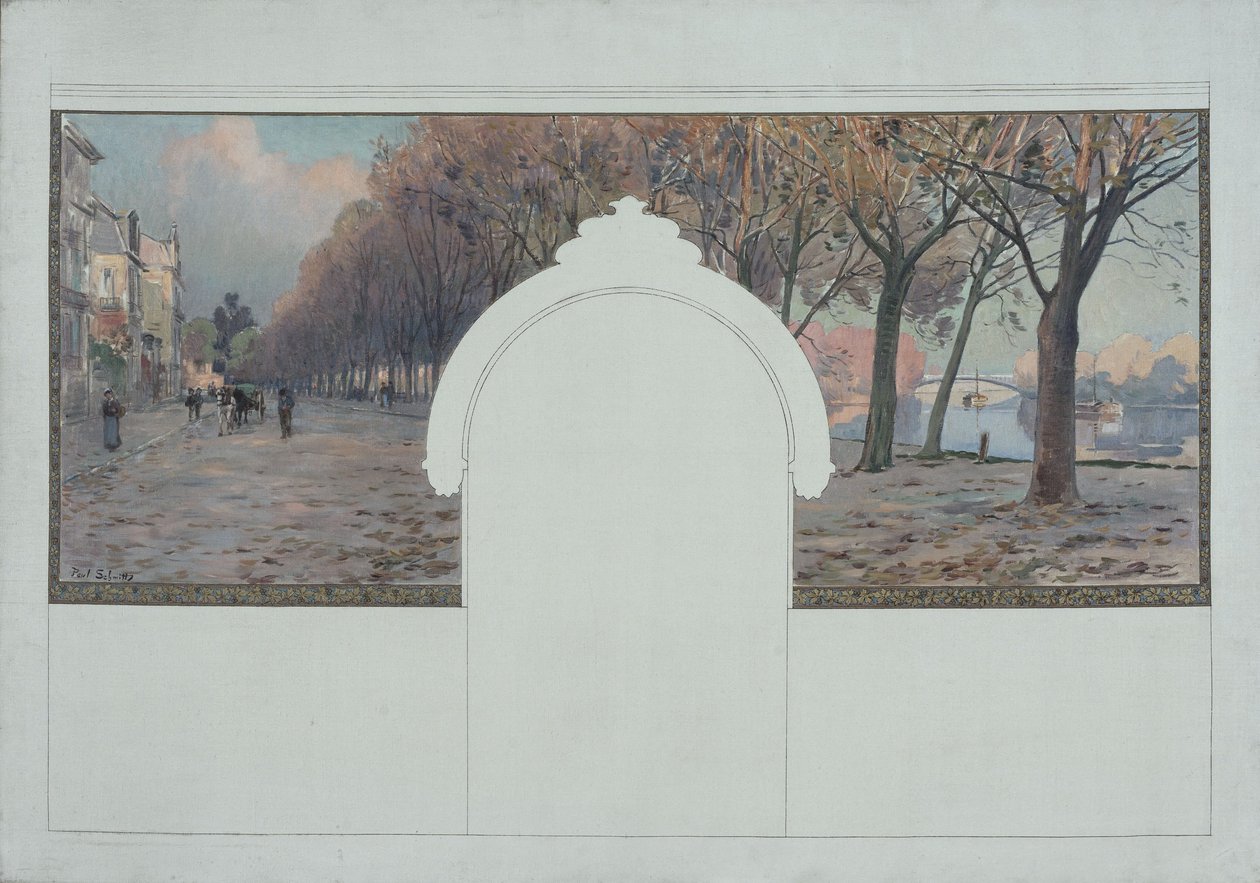 Skiss till stadshuset i Asnières: Landskap. Quais de la Seine à Asnières, cirka 1901 (olja på svart tusch på duk) av Paul Léon Felix (attr. to) Schmitt