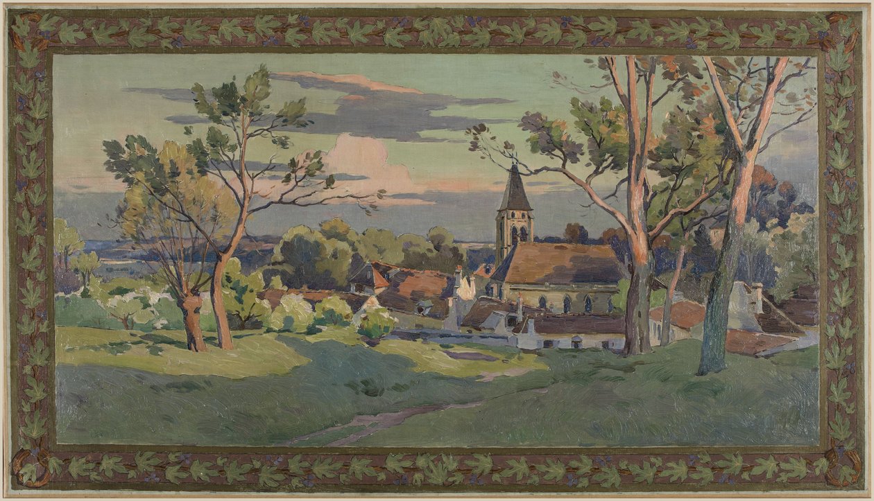 Skiss till stadshuset i Thiais: by med kyrka, ca 1902 (olja på duk) av Paul Léon Felix (attr. to) Schmitt