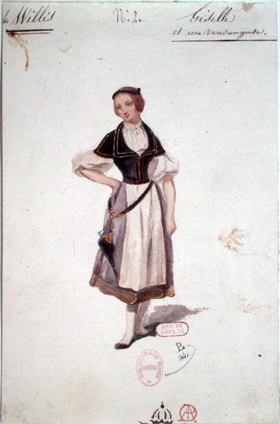 Kostymdesign för "Giselle" för baletten med samma namn av Adolphe Adam (1803-56) 1841 (akvarell på papper) av Paul Lormier
