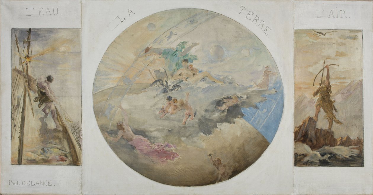 Skiss till Hôtel de Villes matsal i Paris: Vatten, jord, luft, mellan 1891 och 1892 (olja på duk) av Paul Louis Delance