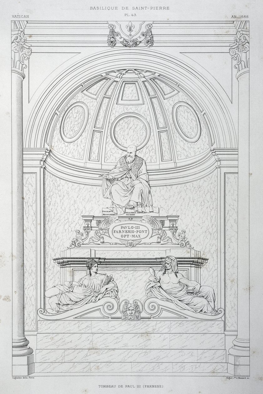 Begravningsmonument över påven Paul III (Farnese), gravyr från Vatikanen och Peterskyrkan av Paul Marie Letarouilly