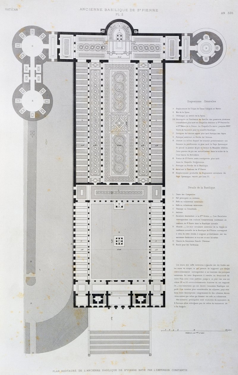 Återställd layout av den gamla basilikan byggd av kejsar Konstantin, gravyr från Vatikanen och Peterskyrkan av Paul Marie Letarouilly