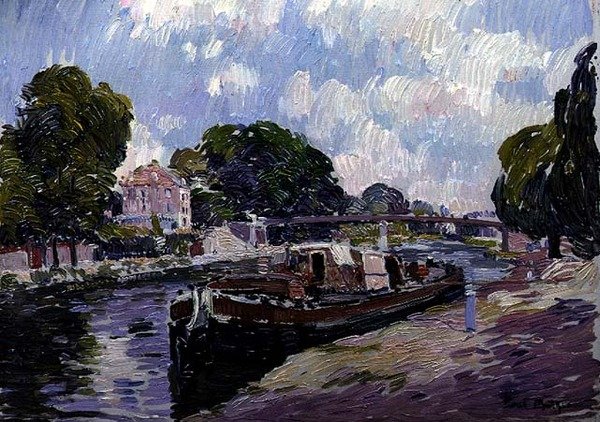 Kanalbåten, Bougival (olja på bräda) av Paul Mathieu