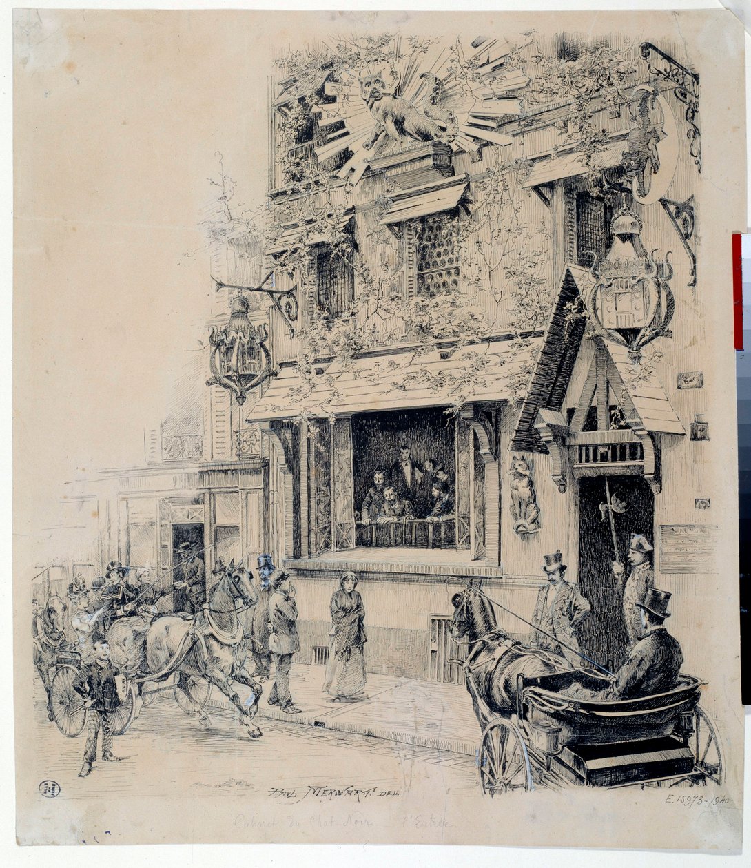 Utsikt över ingången till Cabaret du Chat Noir. Bläckteckning av Paul Merwart (1855-1902) 1800-talets Paris, Musee Carnavalet av Paul Merwart