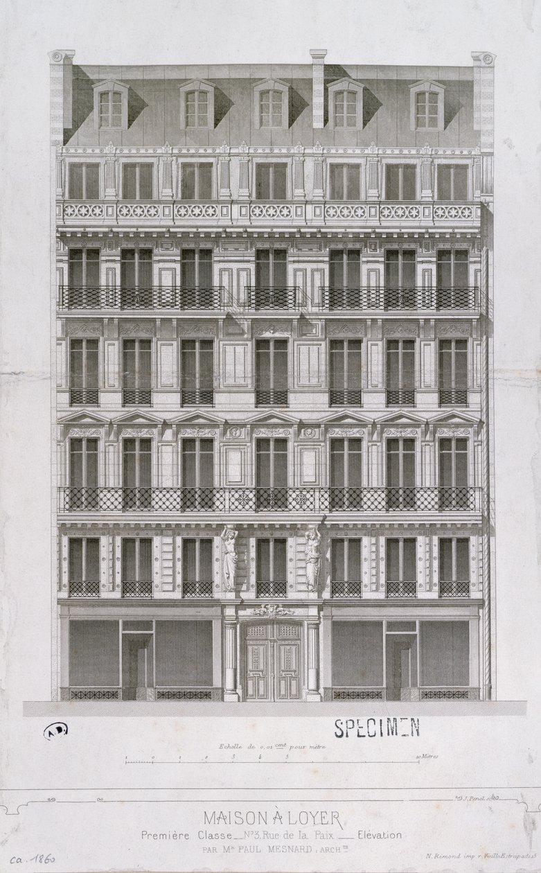 Plan för ett hyreshus i Haussmann-stil i rue de la Paix, Paris, ca 1860 av Paul Mesnard