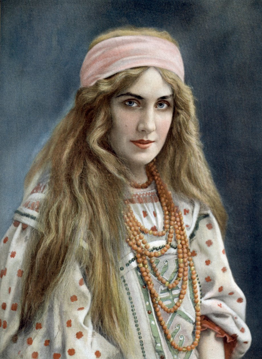 Operasångerskan Marguerite Carre (1880-1947) som Snegourotchka i operan Snegourotchka, Paris, foto av Paul Nadar från den franska tidningen "Le Theatre" juli 1908 av Paul Nadar