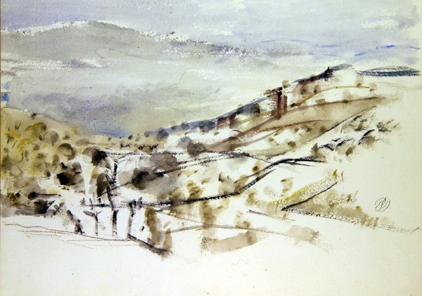 Landscape Emerging, nr 3 (akvarell och krita på papper) av Paul Nash