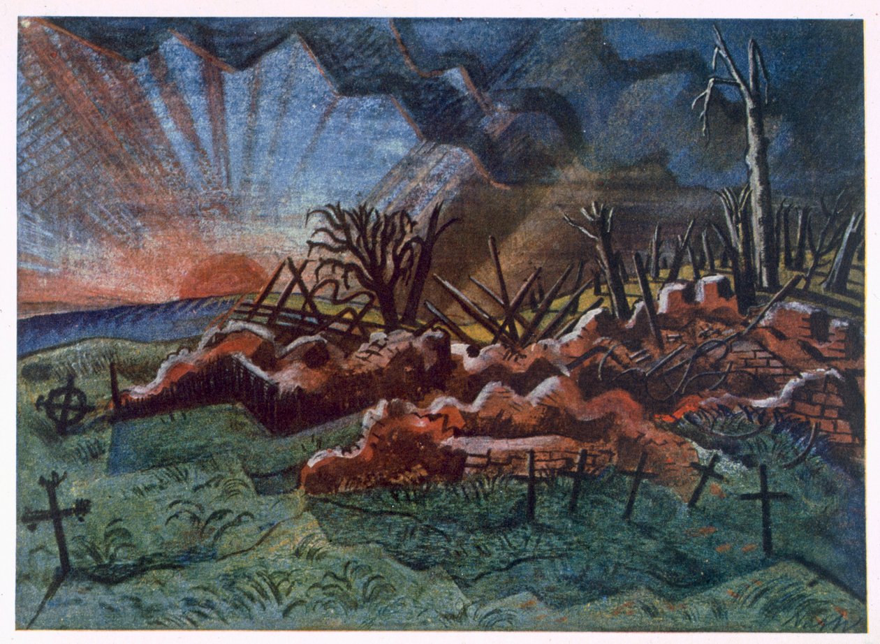 Sunrise, Ruins of a Hospice, nordväst om Wytschaete, förstört av bombardement 1917, från British Artists at the Front, Fortsättning av västfronten, del tre, Paul Nash av Paul Nash