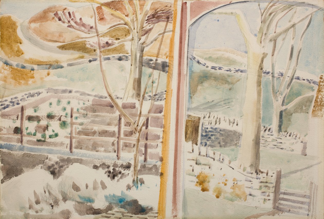 Landskapet genom fönstret och genom spegelglaset av Paul Nash