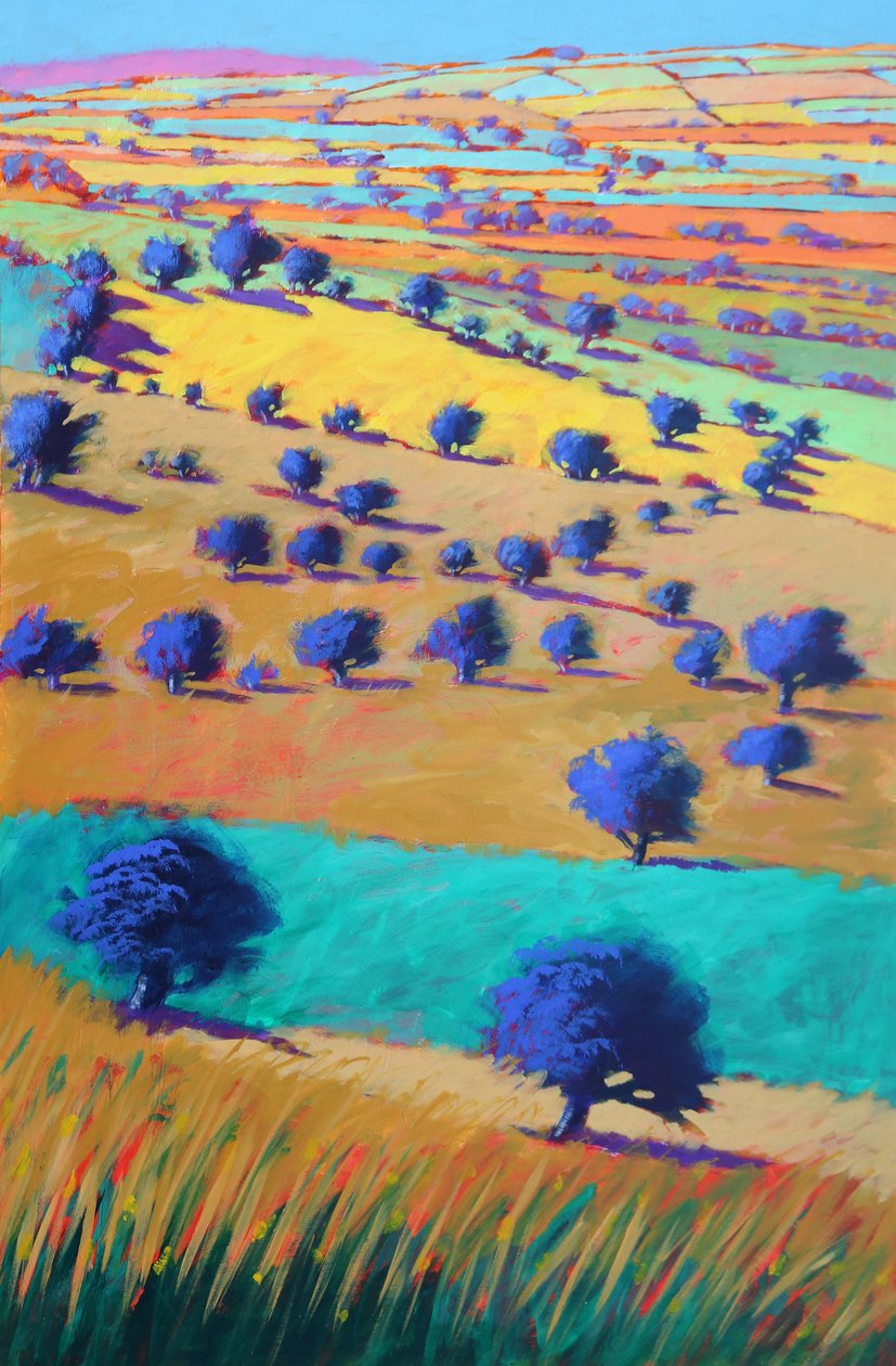 Cotswolds Towards Bredon, 2021 (akryl på kartong) av Paul Powis