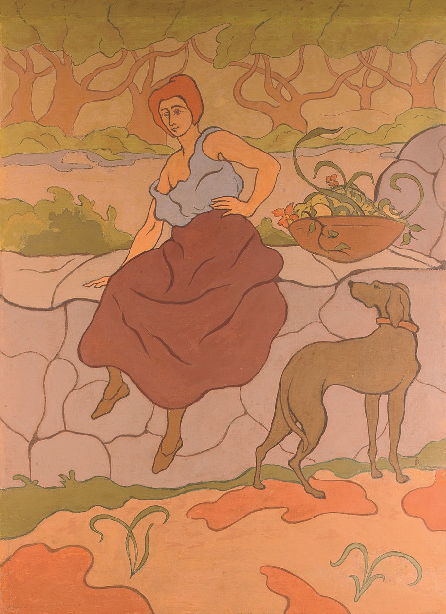 Kvinna och hund med halsband; Kvinna med hund som bär ett halsband, ca 1894-1895 av Paul Elie Ranson