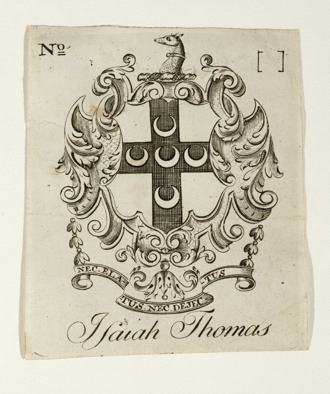Bokskylt för Isaiah Thomas (1749-1831), ca. 1765-1770 (gravyr på lagt papper) av Paul Revere